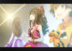  3girls :d blurry bow brown_eyes brown_hair commentary_request detached_sleeves earrings gloves gorou_(pixiv3249935) hair_between_eyes hairbow honda_mio idol idolmaster idolmaster_cinderella_girls jewelry letterboxed long_hair looking_up multiple_girls new_generations_(idolmaster) one_side_up open_mouth pink_bow shibuya_rin shimamura_uzuki smile stage stage_of_magic_(idolmaster) striped striped_bow sweatdrop white_gloves 