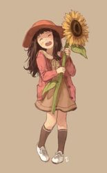  :d ^_^ absurdres blush brown_hair closed_eyes commentary_request dicorndl dress female flower hat highres long_hair open_mouth original pigeon-toed shoes smile socks solo sunflower 