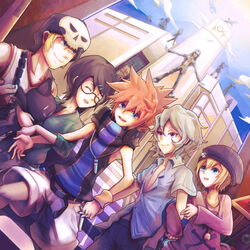  4girls 6+boys angel_wings banane beanie belt bitou_daisukenojou bitou_raimu black_hair black_wings blonde_hair blue_eyes blush breasts brown_hair building cabbie_hat city closed_eyes cloud commentary_request day dutch_angle everyone eyelashes feathered_wings feathers glasses gloves grey_hair hanekoma_sanae hat headphones holding_hands hood hoodie jacket jewelry kariya_koki kiryuu_yoshiya kitaniji_megumi konishi_mitsuki laughing long_hair long_sleeves medium_breasts minamimoto_shou misaki_shiki multiple_boys multiple_girls open_mouth orange_hair pants parted_lips photoshop_(medium) purple_eyes sakuraba_neku short_hair sitting sky skyscraper smile spiked_hair spoilers standing subarashiki_kono_sekai sunglasses wings yashiro_uzuki 