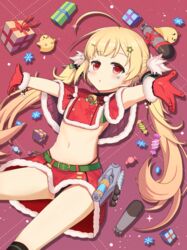  animal azur_lane bad_id bad_pixiv_id belt belt_buckle bird black_panties black_socks blonde_hair blush box buckle candy_wrapper capelet chestnut_mouth chick christmas commentary_request eldridge_(azur_lane) eldridge_(holy_night&#039;s_embrace)_(azur_lane) facial_mark female fur-trimmed_capelet fur-trimmed_gloves fur-trimmed_skirt fur_trim gift gift_box gift_wrapping gloves green_belt hair_ornament hairclip highleg highleg_panties highres kneehighs kyuujou_komachi long_hair manjuu_(azur_lane) official_alternate_costume outstretched_arms panties parted_lips pentagram pentagram_hair_ornament red_capelet red_eyes red_gloves red_skirt skirt snowflakes socks solo spread_arms star_(symbol) star_hair_ornament torpedo twintails underwear very_long_hair 