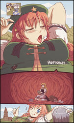  3girls ;p akanbe arm_behind_head blonde_hair blue_eyes blush book braid breasts burp closed_eyes cloud commentary digestion english_commentary eyelid_pull giant giantess hat hat_ornament headdress highres hong_meiling inside_creature izayoi_sakuya karbo kirisame_marisa large_breasts licking_lips long_hair md5_mismatch multiple_girls o_o one_eye_closed open_mouth photoshop_(medium) sky socks star_(symbol) star_hat_ornament stomach_(organ) stomach_growling sweatdrop thumbs_up tongue tongue_out touhou twin_braids vore 