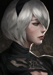  black_dress black_hairband breasts cleavage cleavage_cutout dress eyelashes eyeliner eyeshadow hair_over_one_eye hairband highres juliet_sleeves lips long_sleeves looking_away makeup mascara medium_breasts nier_(series) nier_automata no_blindfold nose parted_lips paula_biedma pink_lips portrait profile puffy_sleeves red_lips short_hair silver_hair solo turtleneck upper_body yorha_no._2_type_b 