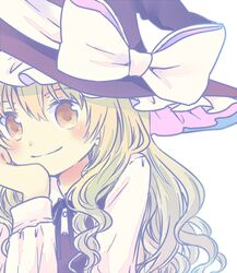  blonde_hair blush commentary_request female hat head_rest kirisame_marisa long_hair long_sleeves looking_at_viewer siva smile solo touhou upper_body wavy_hair witch_hat yellow_eyes 