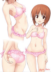  adjusting_clothes adjusting_swimsuit ass ass_visible_through_thighs bikini breasts brown_eyes brown_hair cleavage collarbone commentary female frilled_bikini frills gin&#039;you_haru girls_und_panzer highres medium_breasts multiple_views navel nishizumi_miho pink_bikini simple_background standing swimsuit twitter_username white_background 