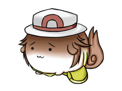  :3 bag brown_hair chilia012 commentary_request green_(pokemon) hat monsterification no_humans pokemon simple_background sukusuku_hakutaku tail touhou 