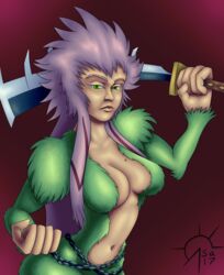  absurd_res animal_humanoid bleach_(series) breasts chains cleavage clothed clothing female fur green_body green_eyes green_fur hair haplorhine hi_res humanoid mammal melee_weapon monkey pink_hair primate sacrificabominat solo sword weapon zabimaru zanpakuto 