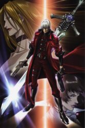  1boy 2girls black_hair blonde_hair boots buckle-straps capcom dante dante_(devil_may_cry) devil_may_cry dual_wielding gun handgun highres lady lady_(devil_may_cry) multiple_girls official_art pistol rebellion_(sword) sword trench_coat trish trish_(devil_may_cry) weapon white_hair 