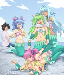  1boy 5girls :d ^^^ abs armlock bandeau bangle beer_can bikini black_hair blonde_hair blue_hair blush bracelet breast_press breasts can cleavage closed_eyes cloud collarbone commentary_request conch cowgirl_position dark_skin day drink_can drooling elbow_gloves front-tie_top fuji-san gloves green_eyes green_hair groin hair_between_eyes hair_intakes hair_ornament hair_stick headlock hii-chan holding_another&#039;s_wrist horizon jewelry jiete levia-san long_hair looking_at_another looking_back lying medium_breasts mermaid monster_girl mukoujima_takurou multiple_girls muromi-san namiuchigiwa_no_muromi-san nautilus_(animal) navel necklace oerba_yun_fang on_ground on_stomach open_mouth outdoors pants pink_bikini pink_eyes pink_hair ponytail purple_eyes red_bikini red_eyes saliva scales scallop seashell shell shell_hair_ornament shirt short_hair short_sleeves short_twintails signature sky small_breasts smile spiked_hair sumida-san sweatdrop swimsuit tan twintails white_gloves white_shirt wrestling 