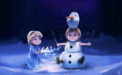  2girls absurdres anna_(frozen) blonde_hair blue_eyes boots brown_hair commentary dated_commentary dicorndl elsa_(frozen) english_commentary frozen_(disney) green_eyes hairband highres multiple_girls photoshop_(medium) snow snowman 