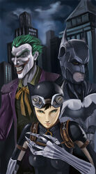  2boys absurdres animal_ears batman batman_(series) bodysuit bow cat_ears catwoman claws commentary_request dc_comics evil_grin evil_smile facepaint female frown goggles green_hair grin highres injustice:_gods_among_us joker_(dc) multiple_boys photoshop_(medium) selina_kyle smile zombie_jump 