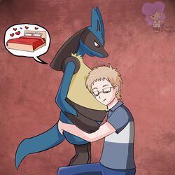  1:1 anthro bed black_body black_fur blue_body blue_fur canid canine duo emmapresents female fur furniture generation_4_pokemon hi_res human luca-chan lucario male mammal nintendo pokemon pokemon_(species) pregnant pregnant_anthro pregnant_female 