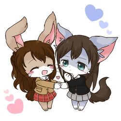  2girls brown_hair closed_eyes feline furry heart_(symbol) long_hair multiple_girls rabbit rainy_negi school_uniform smile teal_eyes 