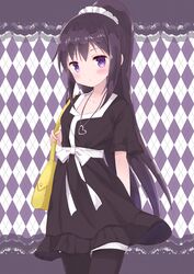  akemi_homura argyle_background bakemonogatari black_dress black_hair black_thighhighs blush commentary_request company_connection cosplay cowboy_shot dress female headdress highres jewelry long_hair looking_at_viewer mahou_shoujo_madoka_magica mahou_shoujo_madoka_magica_(anime) monogatari_(series) necklace ponytail purple_eyes saitou_chiwa senjougahara_hitagi senjougahara_hitagi_(cosplay) shaft_(company) solo thighhighs tsubaki_(tatajd) voice_actor_connection zettai_ryouiki 