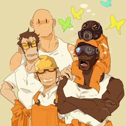  1other 22_(tak_ja) 4boys bad_id bad_pixiv_id bald bug butterfly carrying chell chell_(cosplay) cosplay dark-skinned_male dark_skin demoman_(tf2) engineer_(tf2) facial_hair gas_mask goggles hard_hat heavy_(tf2) helmet mask multiple_boys no_headwear open_mouth overalls photoshop_(medium) portal_(series) portal_1 portal_2 pyro_(tf2) pyrovision_goggles shoulder_carry sniper_(tf2) sunglasses team_fortress_2 tongue 