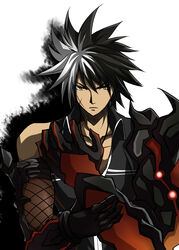  1boy absurdres armor collarbone commentary_request elsword glowing highres mechanical_arms multicolored_hair open_mouth raven_cronwell reckless_fist_(elsword) scar single_mechanical_arm spiked_hair two-tone_hair zetsuei_(zetto) 