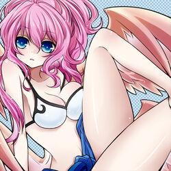  angel_wings archangel_metatron_(p&amp;d) bikini blue_eyes breasts cleavage collarbone commentary_request feathered_wings female long_hair medium_breasts multiple_wings navel parted_lips photoshop_(medium) pink_hair ponytail puzzle_&amp;_dragons solo swimsuit takoyaki_kenken white_bikini wings 