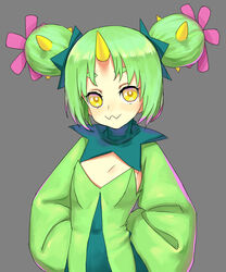  :3 blush cactus_girl chinese_commentary closed_mouth commentary double_bun dress eyelashes female flat_chest flower green_dress green_hair grey_background hair_bun hair_flower hair_ornament hands_on_own_hips highres horns long_sleeves looking_at_viewer maractus no_bra personification pokemon redauto short_eyebrows short_hair simple_background single_horn solo spikes standing thick_eyebrows turtleneck upper_body wide_sleeves yellow_eyes 