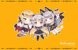  3girls :&lt; :d animal_ears bad_id bad_pixiv_id black_cape black_footwear black_gloves black_legwear black_skirt blonde_hair blush boots braid brown_eyes brown_footwear cape chibi closed_mouth commentary_request cross crown_braid cup drinking_glass fang_out foreign_blue girls&#039;_frontline gloves green_eyes grey_hair hair_between_eyes hair_ornament hairclip halloween holding holding_cup iws_2000_(girls&#039;_frontline) iws_2000_(the_seventh_sealer)_(girls&#039;_frontline) knee_boots korean_commentary long_hair long_sleeves looking_at_viewer multicolored_cape multicolored_clothes multiple_girls oerba_yun_fang official_alternate_costume open_mouth orange_background outstretched_arms p7_(girls&#039;_frontline) p7_(sister_gunslinger)_(girls&#039;_frontline) photoshop_(medium) red_wings shirt skirt sleeves_past_wrists smile spread_arms teeth thighhighs torn_wings triangle_mouth trick_or_treat upper_teeth_only very_long_hair welrod_mkii_(girls&#039;_frontline) welrod_mkii_(lord_of_shadow)_(girls&#039;_frontline) white_legwear white_shirt wide_sleeves wine_glass wing_hair_ornament wings zettai_ryouiki 