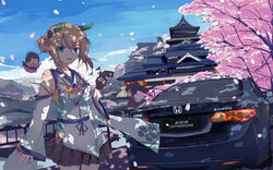  2girls :d architecture azur_lane black_hair blue_eyes brown_hair car car_keys castle cherry_blossoms chinese_commentary commentary_request detached_sleeves east_asian_architecture hair_bun hair_ornament hairpin highres honda honda_spirior horns long_hair looking_at_viewer motor_vehicle multiple_girls oni_horns open_mouth outdoors oyashio_(azur_lane) petals photoshop_(medium) pleated_skirt school_uniform serafuku shade shigure_(azur_lane) single_hair_bun skirt smile tianyu_jifeng wind 