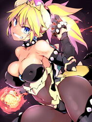  alternate_costume bare_shoulders blonde_hair blue_eyes blue_gemstone bowsette bracelet breasts brooch cleavage clenched_teeth collar collarbone commentary covered_navel covered_nipples crown determined earrings female fire fireball gem hair_between_eyes hair_bobbles hair_ornament hand_up horns jewelry large_breasts long_hair looking_at_viewer mario_(series) navel new_super_mario_bros._u_deluxe pointy_ears ponytail powering_up see-through sharp_teeth shiny_skin short_hair sidelocks solo spiked_bracelet spiked_collar spiked_knuckles spiked_shell spiked_tail spikes super_crown tail taimanin_(series) taimanin_suit teeth thick_thighs thighs tomoshibi_hidekazu toned 