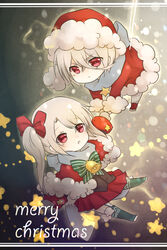  1boy bad_id bad_pixiv_id bell brother_and_sister capelet chibi female flot frey_(machine-doll) hat highres machine-doll_wa_kizutsukanai merry_christmas red_eyes ribbon santa_costume santa_hat siblings side_ponytail star_(symbol) thighhighs white_hair zettai_ryouiki 