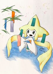  abstract_background akabane_jin ambiguous_gender blush flora generation_3_pokemon hi_res humanoid jirachi leaf legendary_pokemon nintendo paper pokemon pokemon_(species) simple_background solo white_body white_skin yellow_body yellow_eyes yellow_skin 