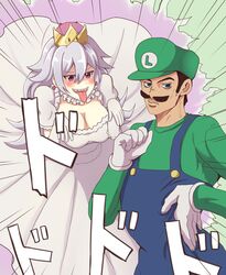  1boy :d blue_overalls blush breasts brown_hair cleavage closed_mouth collar commentary crossover crown diamond_wa_kudakenai dodododo dress earrings elbow_gloves emphasis_lines eyelashes fabulous facial_hair female flipped_hair frilled_collar frilled_dress frilled_gloves frills ghost ghost_pose gloves green_hat green_shirt hair_between_eyes half-closed_eyes hat higashikata_josuke highres jewelry jojo_no_kimyou_na_bouken jojo_pose large_breasts lips long_dress long_hair long_sleeves long_tongue looking_at_another looking_at_viewer luigi luigi&#039;s_mansion mario_(series) moustache new_super_mario_bros._u_deluxe open_mouth overalls parody parted_bangs pose princess_king_boo puffy_short_sleeves puffy_sleeves sanpaku sharp_teeth shirt short_sleeves single_letter smile sound_effects style_parody super_crown teeth thick_eyebrows tomuzou tongue tongue_out v-shaped_eyebrows white_dress white_gloves white_hair 