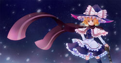  blonde_hair capelet commentary_request female guitar hat instrument kirisame_marisa perfect_cherry_blossom scarf short_hair siva sky smile socks solo star_(sky) star_(symbol) starry_background starry_sky touhou witch_hat yellow_eyes 