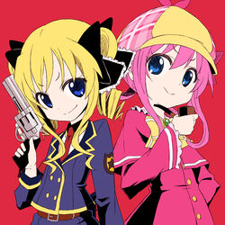  2girls akechi_kokoro blonde_hair blue_eyes d_g_s gun hair_ornament hat multiple_girls necktie pink_hair pipe revolver sherlock_shellingford short_hair simple_background smile tantei_opera_milky_holmes twintails uniform weapon 