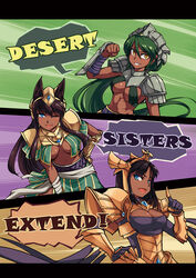  3girls animal_ears armor azir blue_eyes breasts brown_hair commentary_request covered_nipples dark-skinned_female dark_skin genderswap_(mtf) green_hair highres large_breasts league_of_legends long_hair midriff multiple_girls nam_(valckiry) nasus navel personification photoshop_(medium) renekton rule_63 sideboob 