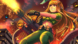  ammunition_belt armor belt_pouch black_gloves blonde_hair cacodemon commentary cosplay doom_(series) doom_ii doomguy doomguy_(cosplay) english_commentary female firing gatling_gun gloves green_pants grin hair_ornament hairclip highres long_hair looking_away lost_soul_(doom) making-of_available midriff minigun muzzle_flash navel nijisanji nijisanji_en pain_elemental pants pointy_ears pomu_rainpuff pouch red_eyes shell_casing smile solo substance20 teeth very_long_hair virtual_youtuber 