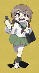  absurdres black_neckerchief black_socks blush brown_eyes brown_hair female full_body girls_und_panzer glasses green_skirt highres holding holding_microphone kneehighs long_sleeves looking_at_viewer microphone nakachiruno neckerchief ooarai_school_uniform open_mouth ou_taiga school_uniform short_hair skirt smile socks solo teeth tongue 