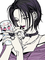  1poppy bad_id bad_twitter_id black_choker black_eyes black_hair black_nails choker cigarette cup drinking_glass ear_piercing highres holding holding_cigarette holding_cup jewelry lipstick looking_to_the_side makeup medium_hair multiple_rings nail_polish nana_(series) necklace osaki_nana piercing red_lips ring solo vivienne_westwood 