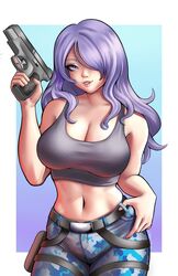  alt_text belt breasts camilla_(fire_emblem) camouflage camouflage_pants cleavage commission cosplay crop_top female fire_emblem fire_emblem_fates gun hair_over_one_eye highres holding holding_gun holding_weapon jackary lara_croft lara_croft_(cosplay) large_breasts lips midriff navel pants purple_hair solo tank_top tomb_raider weapon 