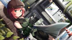  aogiri_koukou bad_id bad_pixiv_id bare_shoulders belt belt_buckle black_belt black_dress black_gloves blurry blurry_background blush brown_hat buckle cabbie_hat camera day depth_of_field dress dutch_angle female gloves green_eyes green_jacket green_vest grin hair_between_eyes hat highres holding holding_camera ishikari_akari jacket kuria_(clear_trip_second) looking_at_viewer md5_mismatch off_shoulder open_clothes open_jacket outdoors red_hair sleeveless sleeveless_dress smile solo sparkle storefront traffic_cone vest virtual_youtuber 