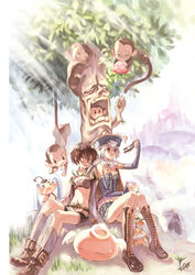  1boy 2girls ? alchemist_(ragnarok_online) angeling baphomet_jr boots breasts brown_cape brown_footwear brown_gloves brown_hair brown_shirt brown_skirt cape closed_eyes commentary_request crop_top cross-laced_footwear crying dress dumpling_child elbow_gloves enchanted_peach_tree fingerless_gloves food fruit full_body fur_collar gloves grass grey_dress grey_gloves grey_headwear hair_between_eyes halo hat hunter_(ragnarok_online) medium_bangs midriff miniskirt monkey multiple_girls navel okishiji_en open_mouth panties peach qingdai_guanmao ragnarok_online rock shirt short_dress short_hair short_shorts shorts shorts_under_skirt signature sitting skirt small_breasts strapless strapless_dress streaming_tears tears tree underwear white_hair white_panties yoyo_(ragnarok_online) 