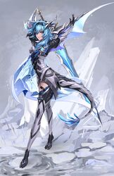  armor black_gloves blue_cape blue_hair cape corrin_(female)_(fire_emblem) corrin_(female)_(fire_emblem)_(cosplay) corrin_(fire_emblem) cosplay dragon_tail dragon_wings dragonstone eula_(genshin_impact) female fire_emblem fire_emblem_fates genshin_impact gloves highres holding holding_sword holding_weapon imdrunkontea long_hair looking_at_viewer solo sword tail thighhighs weapon wings yellow_eyes 