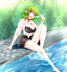  absurdres bikini black_bra black_skirt bow bow_choker bra breasts choker cleavage collar female food frills green_background green_hair hair_between_eyes highres holding holding_food itocoh kazami_yuuka large_breasts legs looking_at_viewer melting navel open_clothes open_mouth open_shirt plaid plaid_skirt poolside popsicle red_bow red_choker red_collar red_eyes revealing_clothes saliva saliva_trail sexually_suggestive shirt sitting skirt sleeves_rolled_up solo swimsuit thighs tied_shirt tongue tongue_out torn_bra torn_clothes touhou underwear water white_shirt 