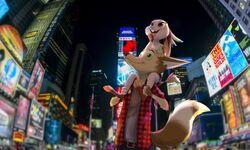  2017 anthro brown_body brown_fur building canid canine carrying_another city clothed clothing detailed_background duo fox fully_clothed fur hi_res lagomorph leporid light lighting mammal night on_shoulders open_mouth open_smile photo_background photography_(artwork) rabbit ribbontail_(character) smile vulpesvant vulpesvant_(character) white_body white_fur 