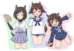  3girls ^_^ animal_ears blue_neckerchief blue_sailor_collar blue_skirt blush brave_witches brown_eyes brown_hair closed_eyes cropped_legs dog_ears dog_girl dog_tail dress emu_1316 hair_ornament hairclip hakama hakama_short_skirt hakama_skirt hand_on_own_face highres holding holding_money japanese_clothes karibuchi_hikari kimono kuroda_kunika miyafuji_yoshika money multiple_girls neckerchief no_pants noble_witches open_mouth sailor_collar sailor_dress school_swimsuit school_uniform serafuku serasuku short_hair skirt smug squirrel_ears squirrel_girl strike_witches swimsuit swimsuit_under_clothes tail white_kimono white_neckerchief world_witches_series 