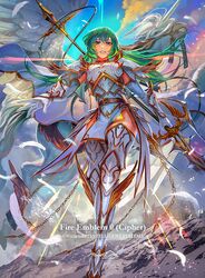  armor armored_boots boots chains dress egawa_akira erinys_(fire_emblem) female fire_emblem fire_emblem:_genealogy_of_the_holy_war fire_emblem_cipher gold_trim green_eyes green_hair long_hair official_art pegasus polearm spear thighhighs weapon white_armor wing_armor 