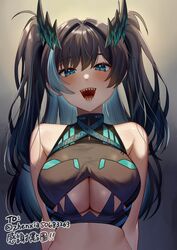  :d absurdres bare_shoulders black_hair black_shirt blue_eyes breasts clothing_cutout colored_inner_hair crop_top female haiz_(vtuber) highres horns illian-san large_breasts long_hair looking_at_viewer midriff monstar_(company) multicolored_hair open_mouth sharp_teeth shirt sleeveless sleeveless_shirt slit_pupils smile solo square_live teeth two_side_up underboob underboob_cutout upper_body virtual_youtuber 