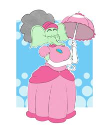  alpha_channel anthro closed_eyes clothed clothing cosplay elephant elephant_peach elephantid female green_body hi_res kiyana_(marcodile) mammal marcodile mario_bros nintendo outline princess_peach proboscidean solo super_mario_bros_wonder umbrella 