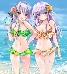  2girls :d arm_at_side arm_hug asahina_yori bare_arms bare_shoulders bikini blue_eyes blue_hair blue_sky blush braid breasts cleavage closed_mouth collarbone commentary cowboy_shot crown_braid curvy day eyelashes eyes_visible_through_hair flower food frilled_bikini frills green_bikini hair_between_eyes hair_flower hair_ornament hand_up holding holding_food holding_ice_cream ice_cream large_breasts long_hair looking_at_viewer multiple_girls navel ocean open_mouth orange_bikini orange_flower outdoors purple_hair red_eyes red_flower siblings sidelocks sisters sky smile sorakado_ai sorakado_ao standing stomach straight-on summer_pockets swimsuit thighs twintails very_long_hair 