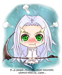  :t barefoot blush chibi closed_mouth dark_souls_(series) dark_souls_i dragon_girl english_text female green_eyes horns iforher long_hair nervous nose_blush photoshop_(medium) pout priscilla_the_crossbreed scythe solo tears text_background wavy_mouth weapon white_fur white_hair 