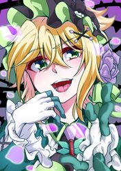  akatsuki_kirika blonde_hair blush female frilled_sleeves frills gloves green_eyes hair_ornament headdress highres kumeringo_touho looking_at_viewer outstretched_arm senki_zesshou_symphogear senki_zesshou_symphogear_xd_unlimited shiny_skin short_hair smile solo upper_body x_hair_ornament 