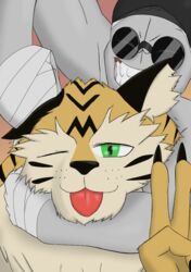  anthro blep duo felid gesture grunt_(madness_combat) hand_gesture humanoid male mammal muscular muscular_male noogie pantherine sanford_(madness_combat) smile thor_(amakuchi) tiger tongue tongue_out v_sign xvii_(artist) 