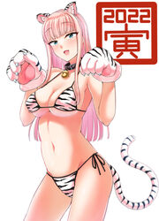  2022 animal_collar animal_costume animal_ears animal_hands animal_print bell bikini black_collar blonde_hair blue_eyes blunt_bangs breasts cat_ears cat_paws cat_tail chinese_zodiac claws collar female fur gloves hands_up highres jingle_bell katou_asuka long_hair looking_at_viewer navel neck_bell oerba_yun_fang open_mouth paw_gloves print_bikini smile solo standing swimsuit tail tiger_costume tiger_ears tiger_print tiger_tail tsuttsu watashi_ga_motenai_no_wa_dou_kangaetemo_omaera_ga_warui! white_background year_of_the_tiger 