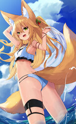  :d animal_ears armpits arms_up ass bare_shoulders bikini blonde_hair breasts day female fox_ears fox_girl fox_tail green_eyes highres kokonoe_tsubaki long_hair looking_at_viewer multi-strapped_bikini multiple_tails oerba_yun_fang open_mouth original outdoors small_breasts smile solo standing string_bikini swimsuit tail thigh_strap thighs two_side_up two_tails wading water wet white_bikini yoshizawa_tsubaki 