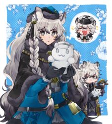  1boy 2girls :d animal_ear_fluff animal_ears arknights black_cloak black_gloves blue_coat blue_headwear blush braid brother_and_sister cabbie_hat chibi cliffheart_(arknights) cloak closed_eyes coat commentary_request frilled_gloves frills fur-trimmed_cloak fur_trim gloves grey_eyes grey_hair hair_between_eyes hat highres kyouna leopard_boy leopard_ears long_hair long_sleeves multiple_girls notice_lines oerba_yun_fang official_alternate_costume parted_lips pramanix_(arknights) pramanix_(caster&#039;s_frost)_(arknights) siblings silverash_(arknights) silverash_(york&#039;s_bise)_(arknights) single_braid sisters smile thick_eyebrows very_long_hair white_headwear 